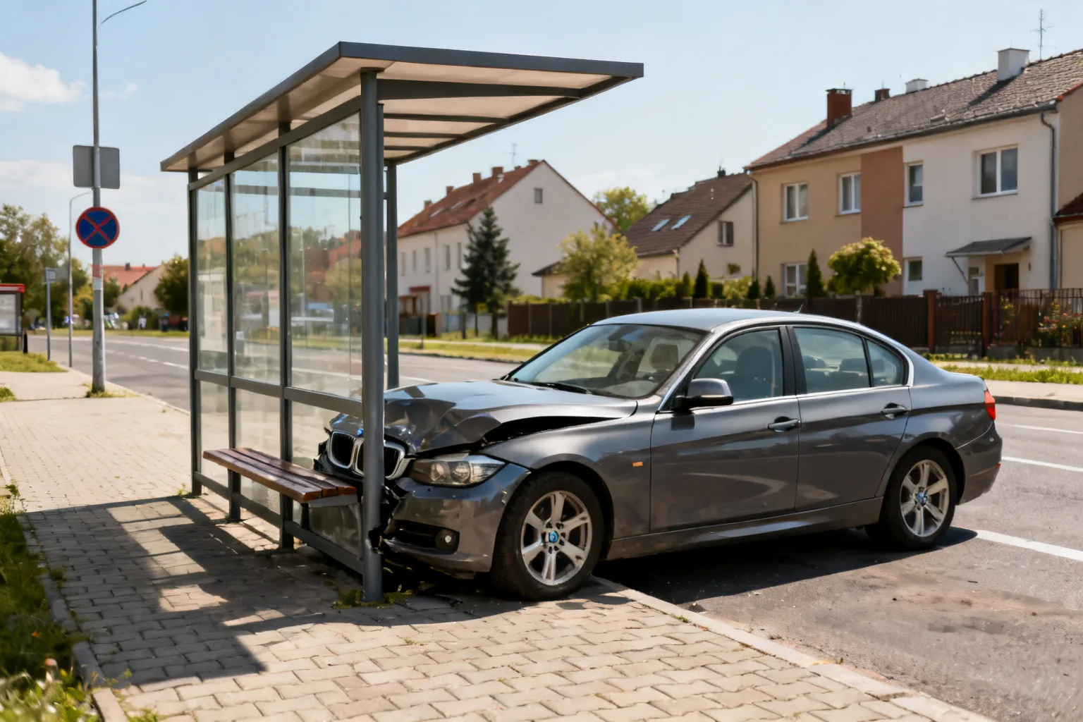 BMW uderzyło wiatę przystankową Gocław — kierowca bez uprawnień