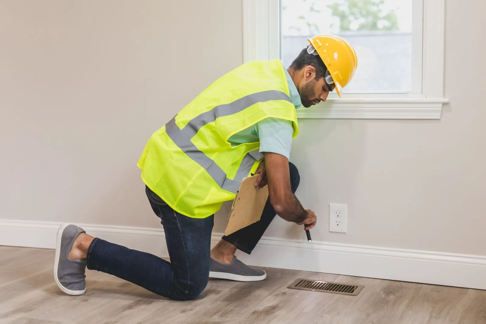 Construction worker conducting a home inspection indoors, using tools near a vent.