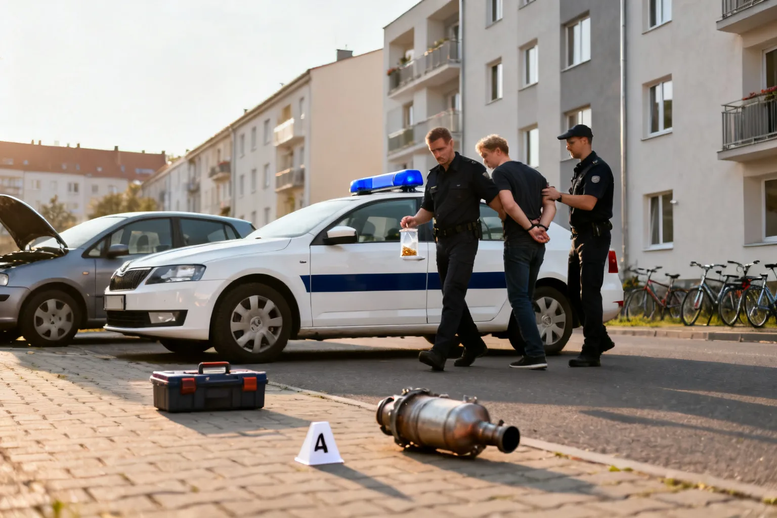 Zatrzymanie na Bemowie po kradzieży katalizatora; zabezpieczono narkotyki