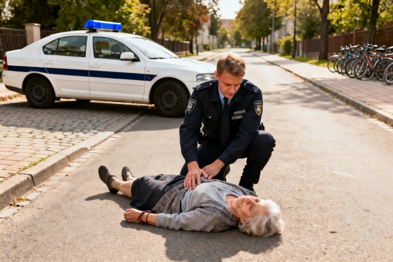 Policjant zatrzymał samochód i pomógł seniorce leżącej przy jezdni