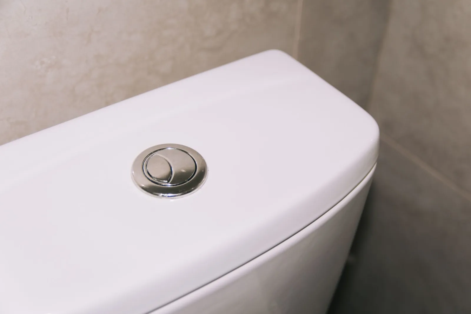 Close-up of a modern dual flush toilet with a chrome button, highlighting clean and contemporary design.
